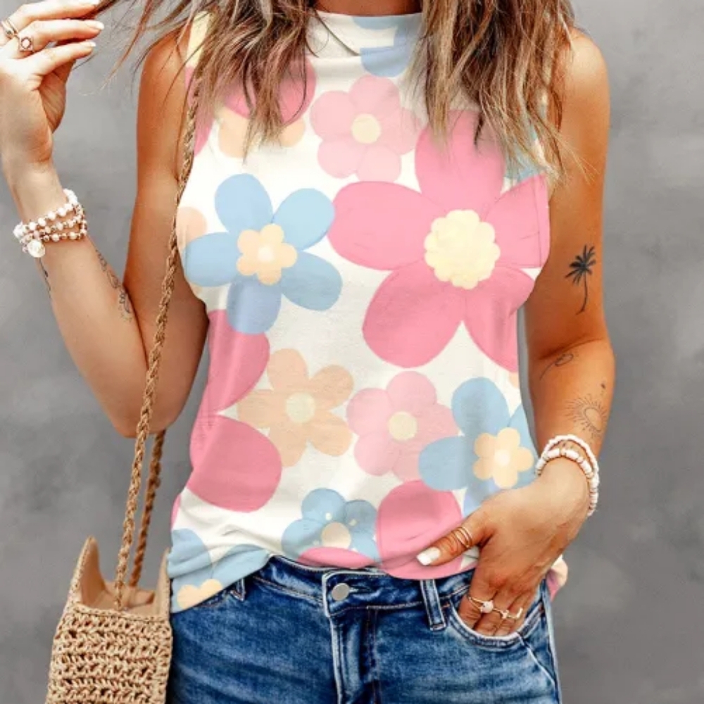 Pink Floral Print Round Neck Sleeveless Top